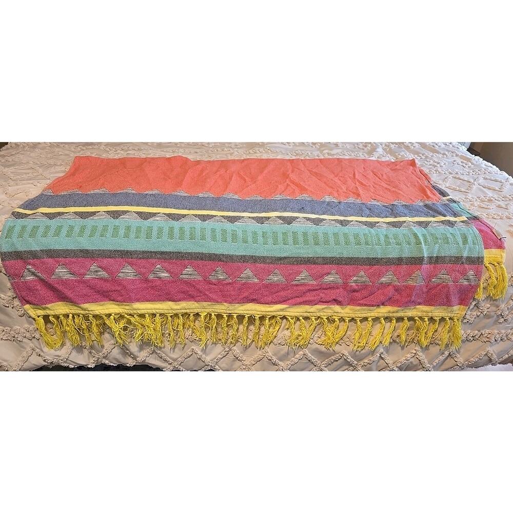 VTG Threshold Multicolor Colorblock Cottagecore Fringe Bedding‎ Blanket 49"x58"
